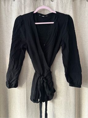 LOFT Black Wrap Blouse with Tie Waist and Puff Sleeves